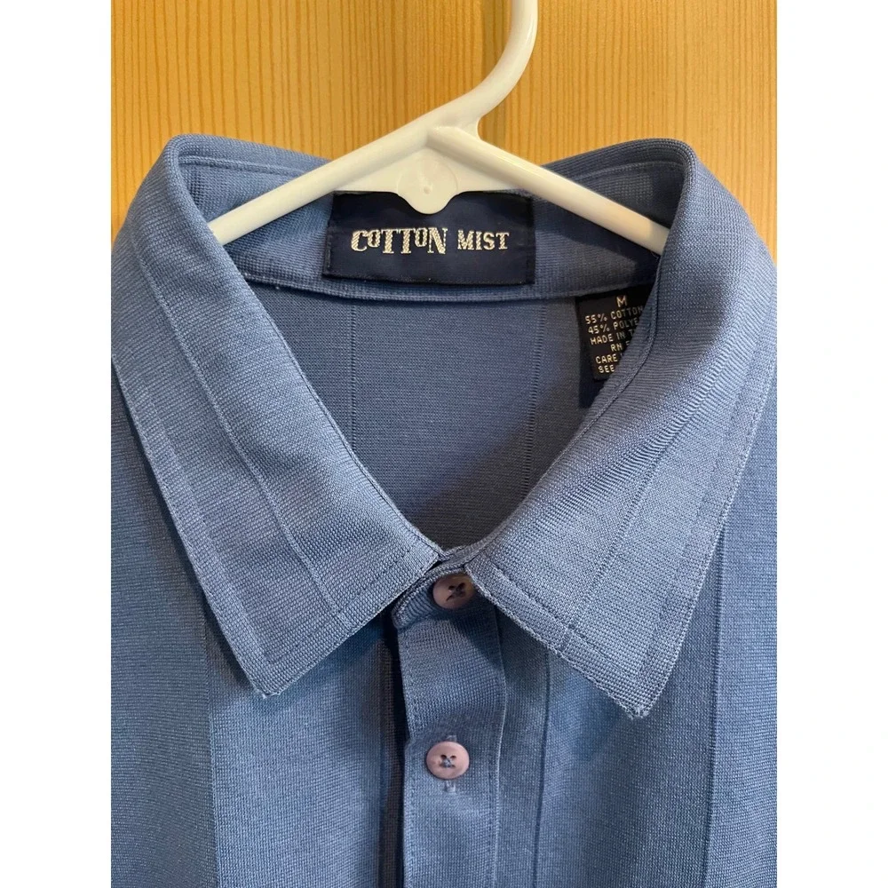 Cotton Mist Polo Shirt Mens Medium Blue Short Sleeve Vertical Stripe Pocket